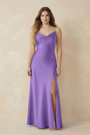 Spaghetti Strap Sheath Satin Bridesmaid Dress With Slit in Lilac - KISS BRIDAL Bridesmaid Dresses