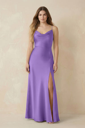 Spaghetti Strap Sheath Satin Bridesmaid Dress With Slit in Lilac - KISS BRIDAL Bridesmaid Dresses