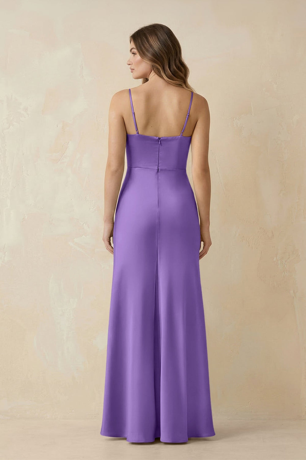 Spaghetti Strap Sheath Satin Bridesmaid Dress With Slit in Lilac - KISS BRIDAL Bridesmaid Dresses