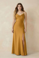 Spaghetti Strap Sheath Satin Bridesmaid Dress With Slit in Marigold - KISS BRIDAL Bridesmaid Dresses