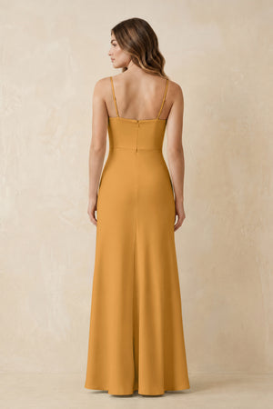 Spaghetti Strap Sheath Satin Bridesmaid Dress With Slit in Marigold (2) | KISSBRIDAL