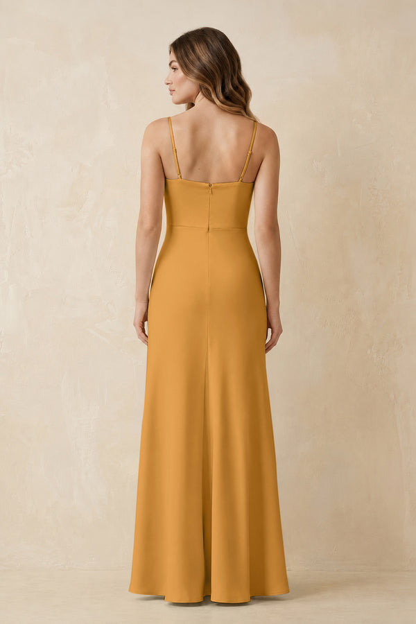 Spaghetti Strap Sheath Satin Bridesmaid Dress With Slit in Marigold (2) | KISSBRIDAL