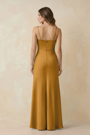 Spaghetti Strap Sheath Satin Bridesmaid Dress With Slit in Marigold - KISS BRIDAL Bridesmaid Dresses
