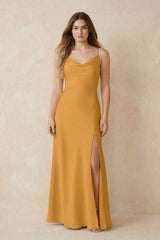 Spaghetti Strap Sheath Satin Bridesmaid Dress With Slit in Marigold | KISSBRIDAL
