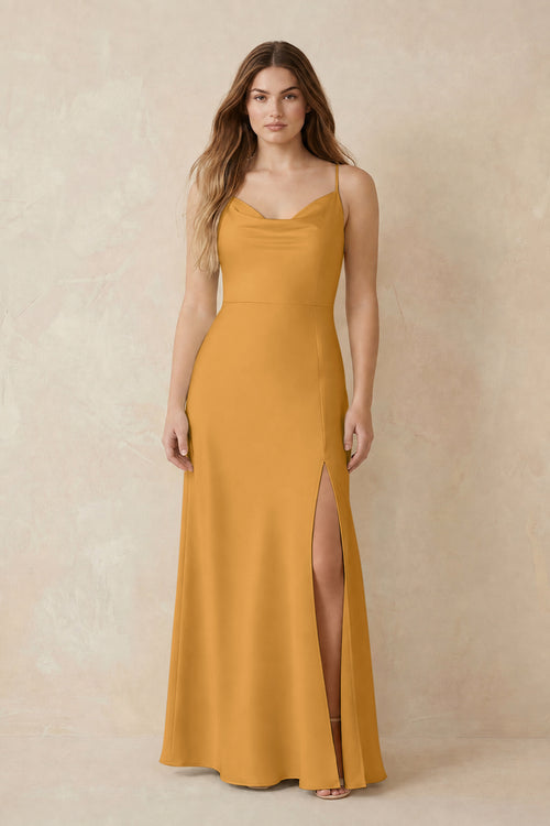 Spaghetti Strap Sheath Satin Bridesmaid Dress With Slit in Marigold | KISSBRIDAL