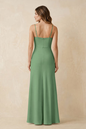 Spaghetti Strap Sheath Satin Bridesmaid Dress With Slit in Matcha (2) | KISSBRIDAL