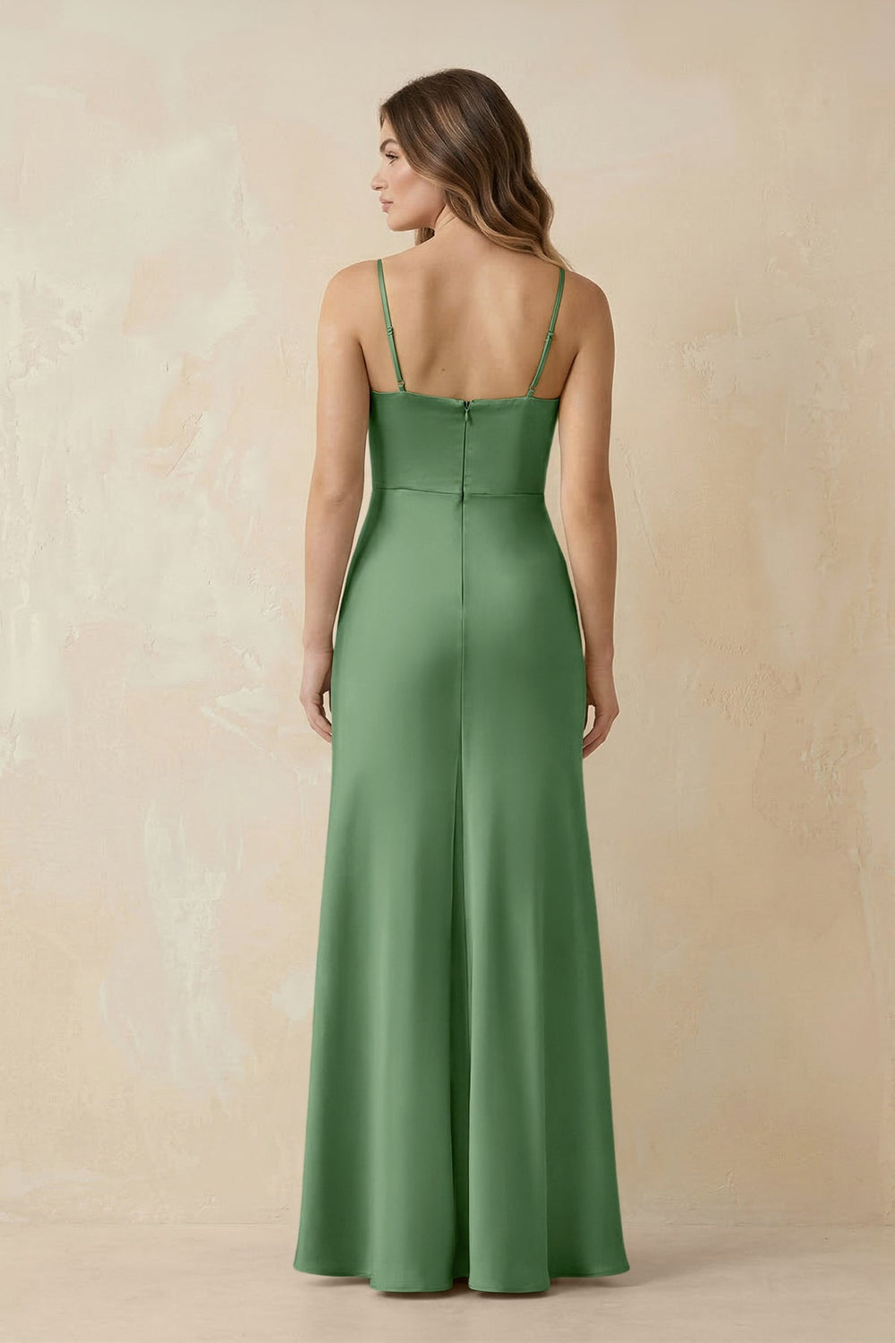Spaghetti Strap Sheath Satin Bridesmaid Dress With Slit in Matcha - KISS BRIDAL Bridesmaid Dresses