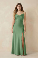 Spaghetti Strap Sheath Satin Bridesmaid Dress With Slit in Matcha - KISS BRIDAL Bridesmaid Dresses