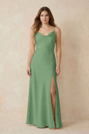 Spaghetti Strap Sheath Satin Bridesmaid Dress With Slit in Matcha | KISSBRIDAL