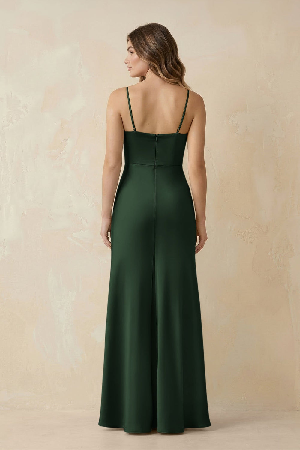 Spaghetti Strap Sheath Satin Bridesmaid Dress With Slit in Moss - KISS BRIDAL Bridesmaid Dresses