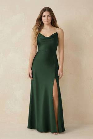 Spaghetti Strap Sheath Satin Bridesmaid Dress With Slit in Moss - KISS BRIDAL Bridesmaid Dresses