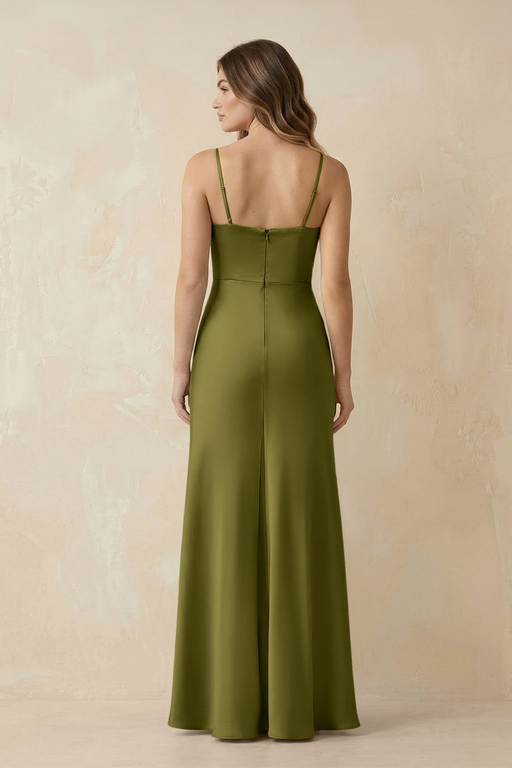 Spaghetti Strap Sheath Satin Bridesmaid Dress With Slit in Moss Green - KISS BRIDAL Bridesmaid Dresses
