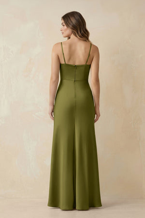 Spaghetti Strap Sheath Satin Bridesmaid Dress With Slit in Moss Green - KISS BRIDAL Bridesmaid Dresses