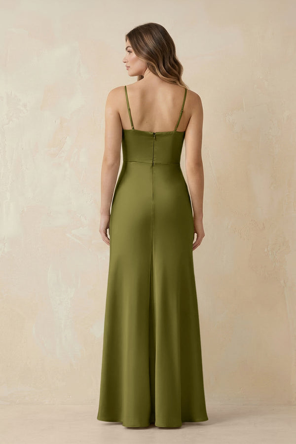 Spaghetti Strap Sheath Satin Bridesmaid Dress With Slit in Moss Green - KISS BRIDAL Bridesmaid Dresses
