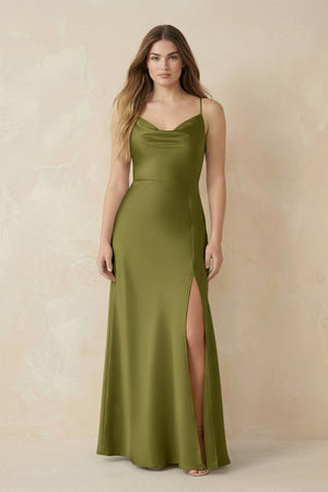 Spaghetti Strap Sheath Satin Bridesmaid Dress With Slit in Moss Green - KISS BRIDAL Bridesmaid Dresses