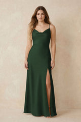Spaghetti Strap Sheath Satin Bridesmaid Dress With Slit in Moss | KISSBRIDAL