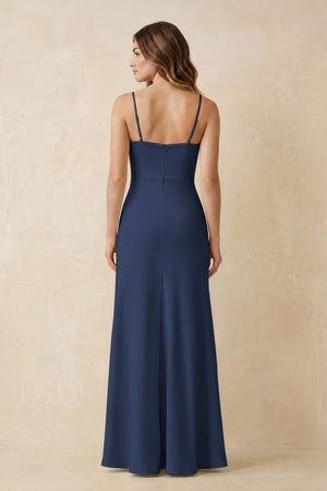 Spaghetti Strap Sheath Satin Bridesmaid Dress With Slit in Navy (2) | KISSBRIDAL