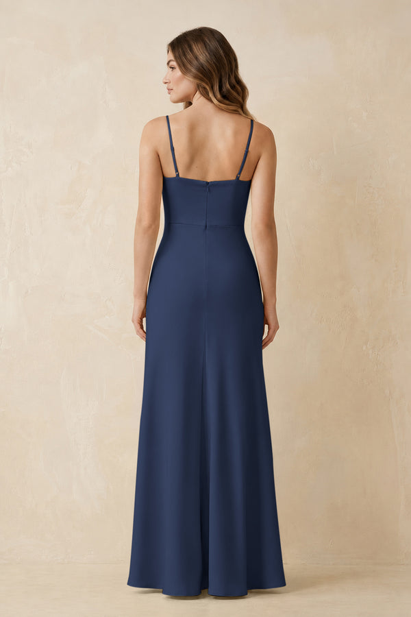Spaghetti Strap Sheath Satin Bridesmaid Dress With Slit in Navy (2) | KISSBRIDAL