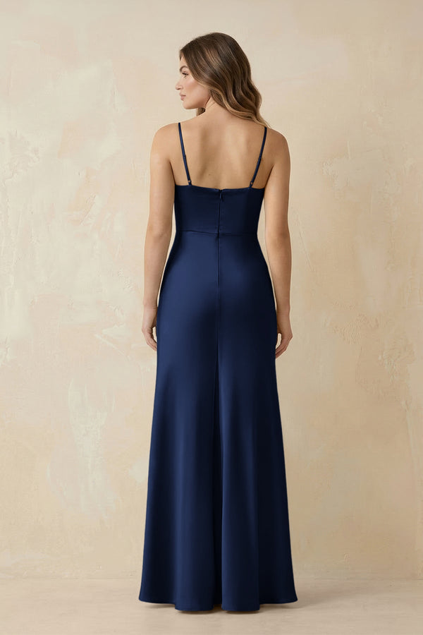 Spaghetti Strap Sheath Satin Bridesmaid Dress With Slit in Navy - KISS BRIDAL Bridesmaid Dresses