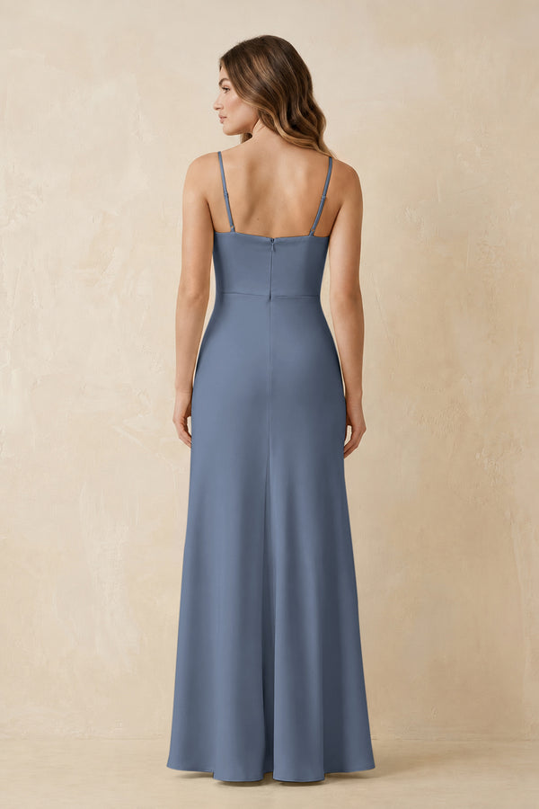 Spaghetti Strap Sheath Satin Bridesmaid Dress With Slit in Neptune (2) | KISSBRIDAL