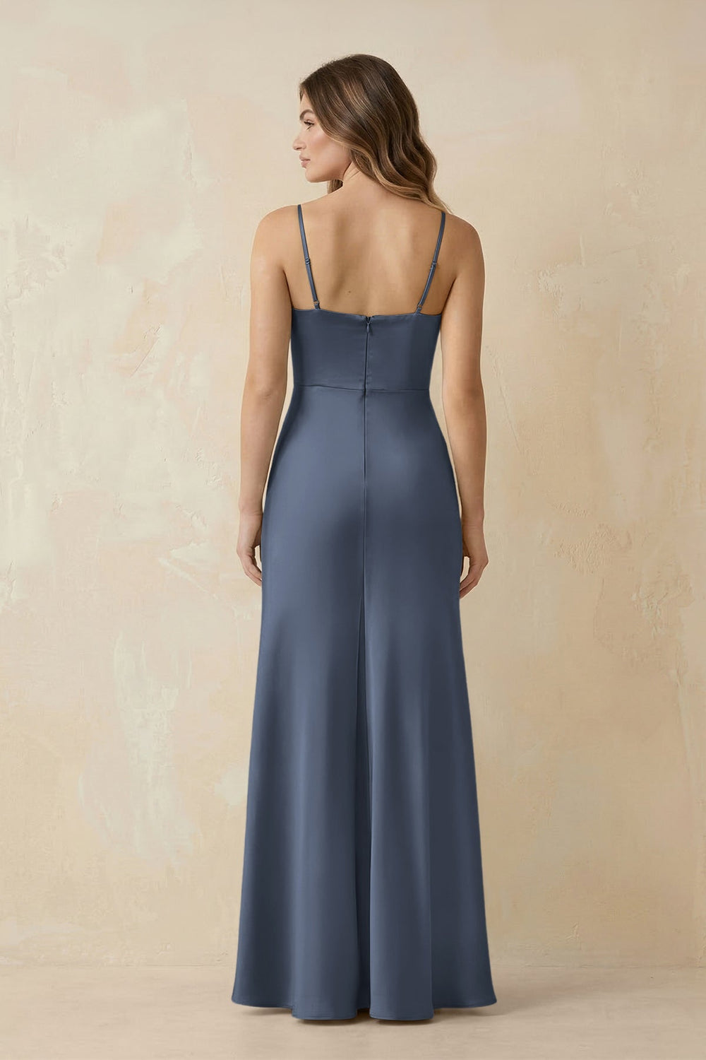 Spaghetti Strap Sheath Satin Bridesmaid Dress With Slit in Neptune - KISS BRIDAL Bridesmaid Dresses