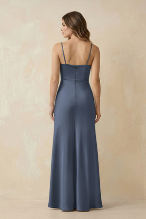 Spaghetti Strap Sheath Satin Bridesmaid Dress With Slit in Neptune - KISS BRIDAL Bridesmaid Dresses