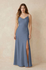 Spaghetti Strap Sheath Satin Bridesmaid Dress With Slit in Neptune | KISSBRIDAL