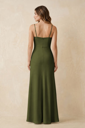 Spaghetti Strap Sheath Satin Bridesmaid Dress With Slit in Olive (2) | KISSBRIDAL