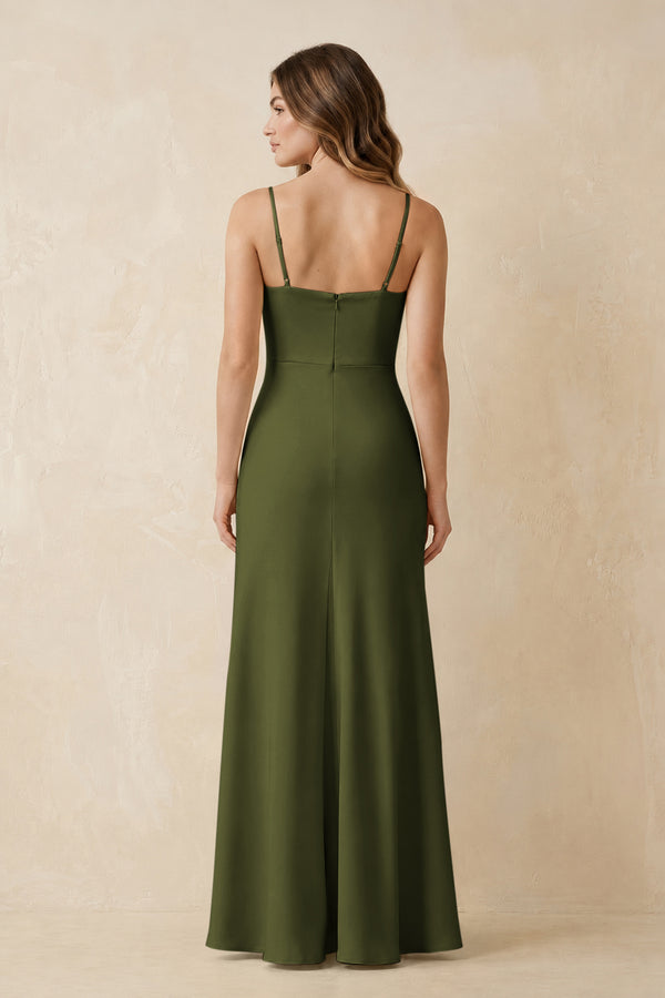 Spaghetti Strap Sheath Satin Bridesmaid Dress With Slit in Olive (2) | KISSBRIDAL