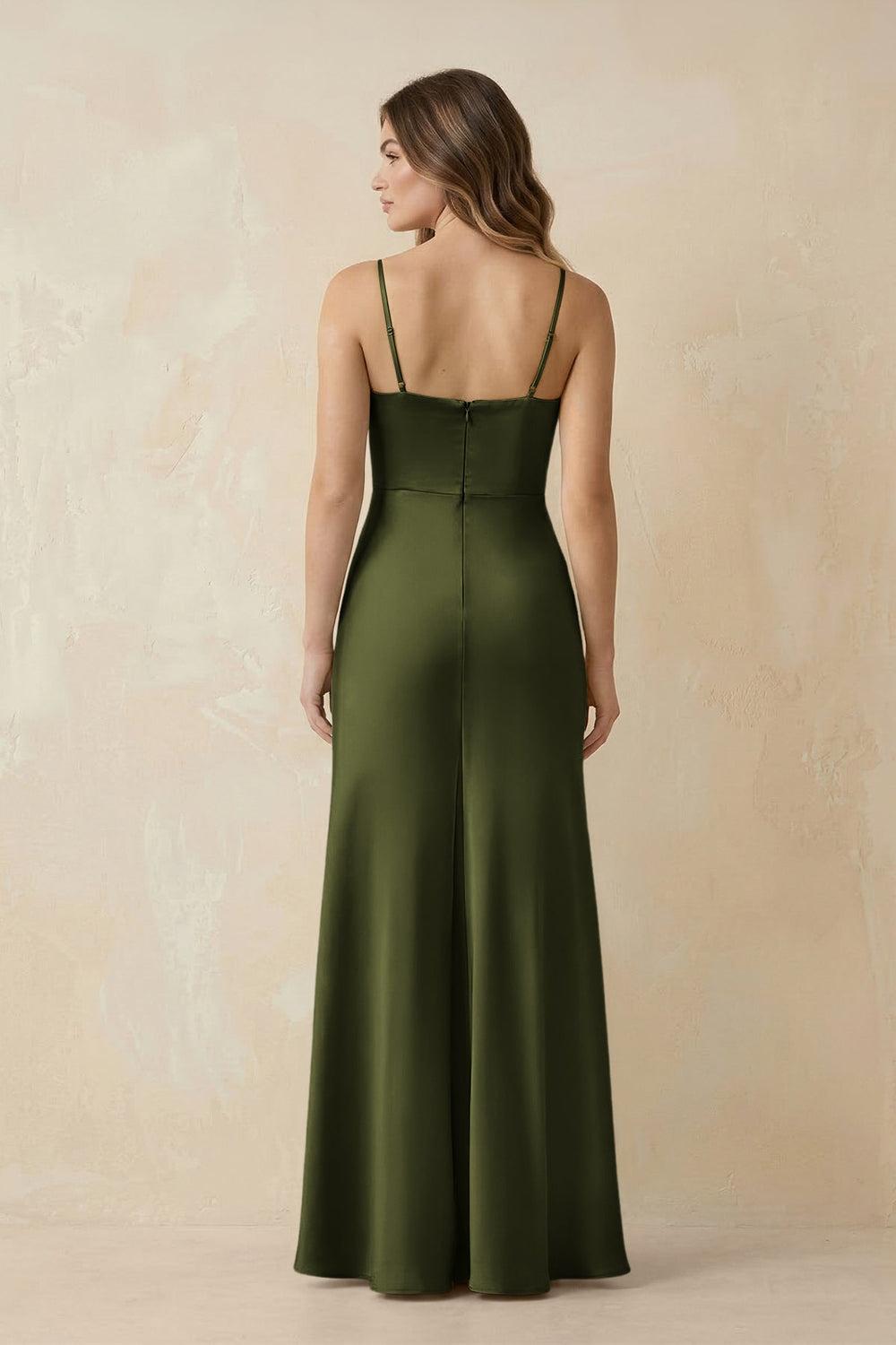 Spaghetti Strap Sheath Satin Bridesmaid Dress With Slit in Olive - KISS BRIDAL Bridesmaid Dresses