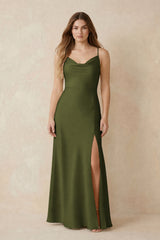Spaghetti Strap Sheath Satin Bridesmaid Dress With Slit in Olive | KISSBRIDAL