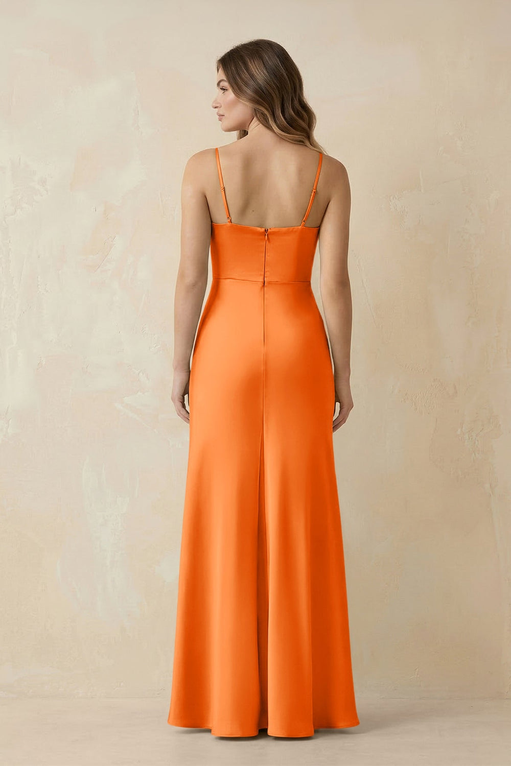 Spaghetti Strap Sheath Satin Bridesmaid Dress With Slit in Orange - KISS BRIDAL Bridesmaid Dresses