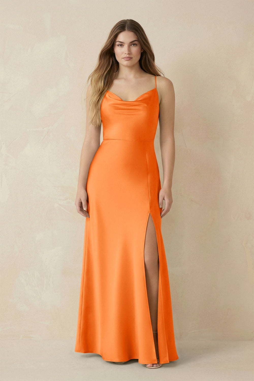 Spaghetti Strap Sheath Satin Bridesmaid Dress With Slit in Orange - KISS BRIDAL Bridesmaid Dresses
