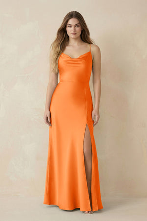 Spaghetti Strap Sheath Satin Bridesmaid Dress With Slit in Orange - KISS BRIDAL Bridesmaid Dresses