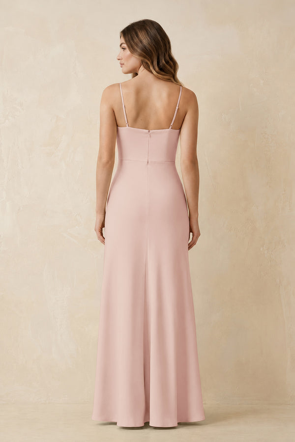 Spaghetti Strap Sheath Satin Bridesmaid Dress With Slit in Pale Blush (2) | KISSBRIDAL