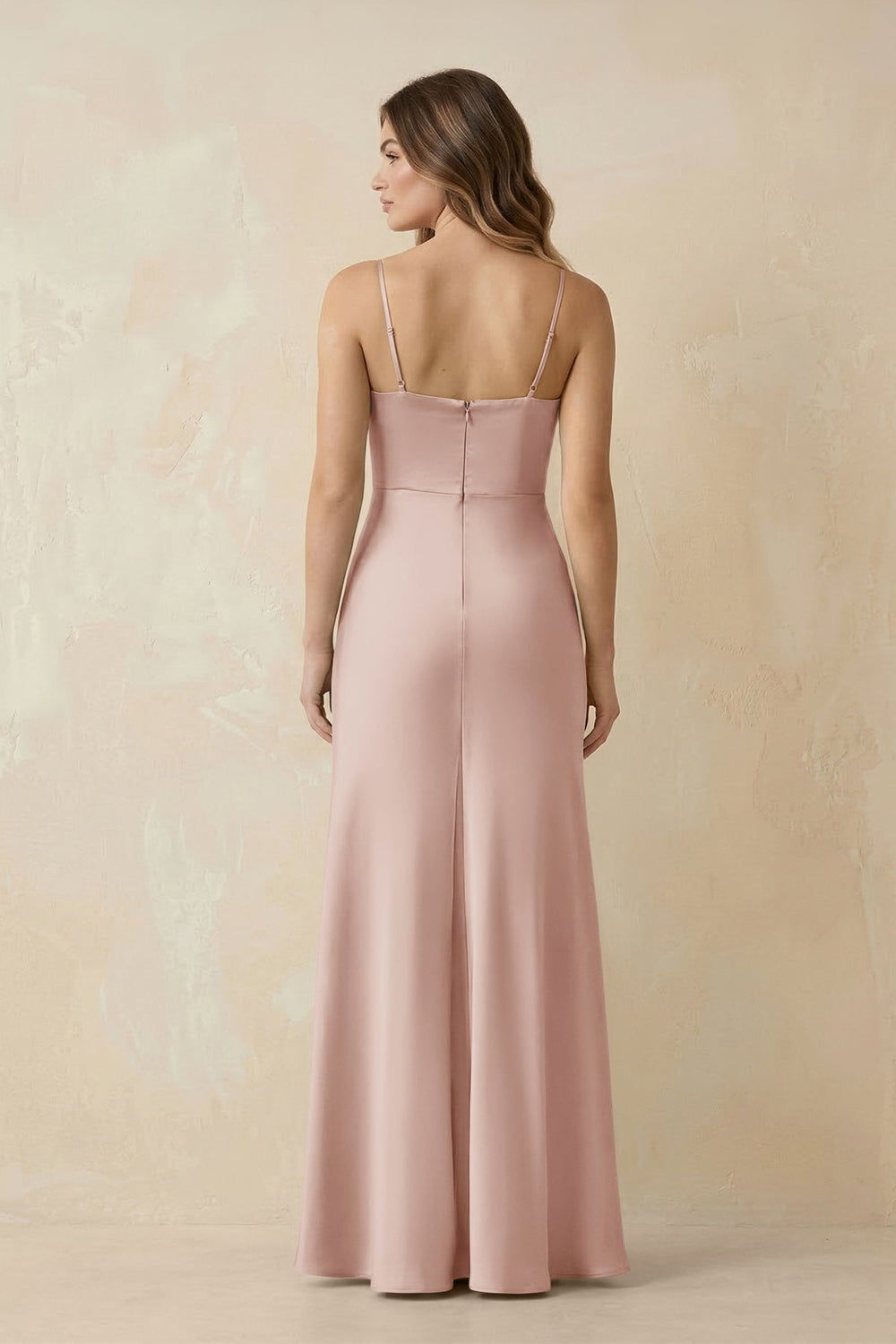 Spaghetti Strap Sheath Satin Bridesmaid Dress With Slit in Pale Blush - KISS BRIDAL Bridesmaid Dresses