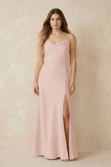 Spaghetti Strap Sheath Satin Bridesmaid Dress With Slit in Pale Blush | KISSBRIDAL