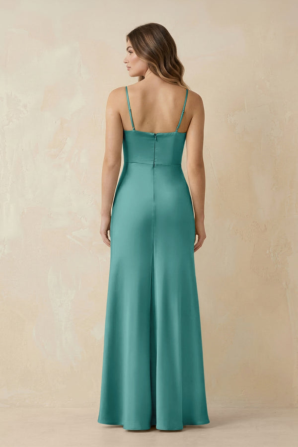 Spaghetti Strap Sheath Satin Bridesmaid Dress With Slit in Pale Pistachio - KISS BRIDAL Bridesmaid Dresses