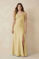 Spaghetti Strap Sheath Satin Bridesmaid Dress With Slit in Pastel Yellow - KISS BRIDAL Bridesmaid Dresses