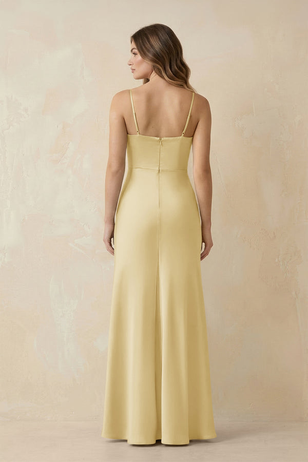 Spaghetti Strap Sheath Satin Bridesmaid Dress With Slit in Pastel Yellow - KISS BRIDAL Bridesmaid Dresses