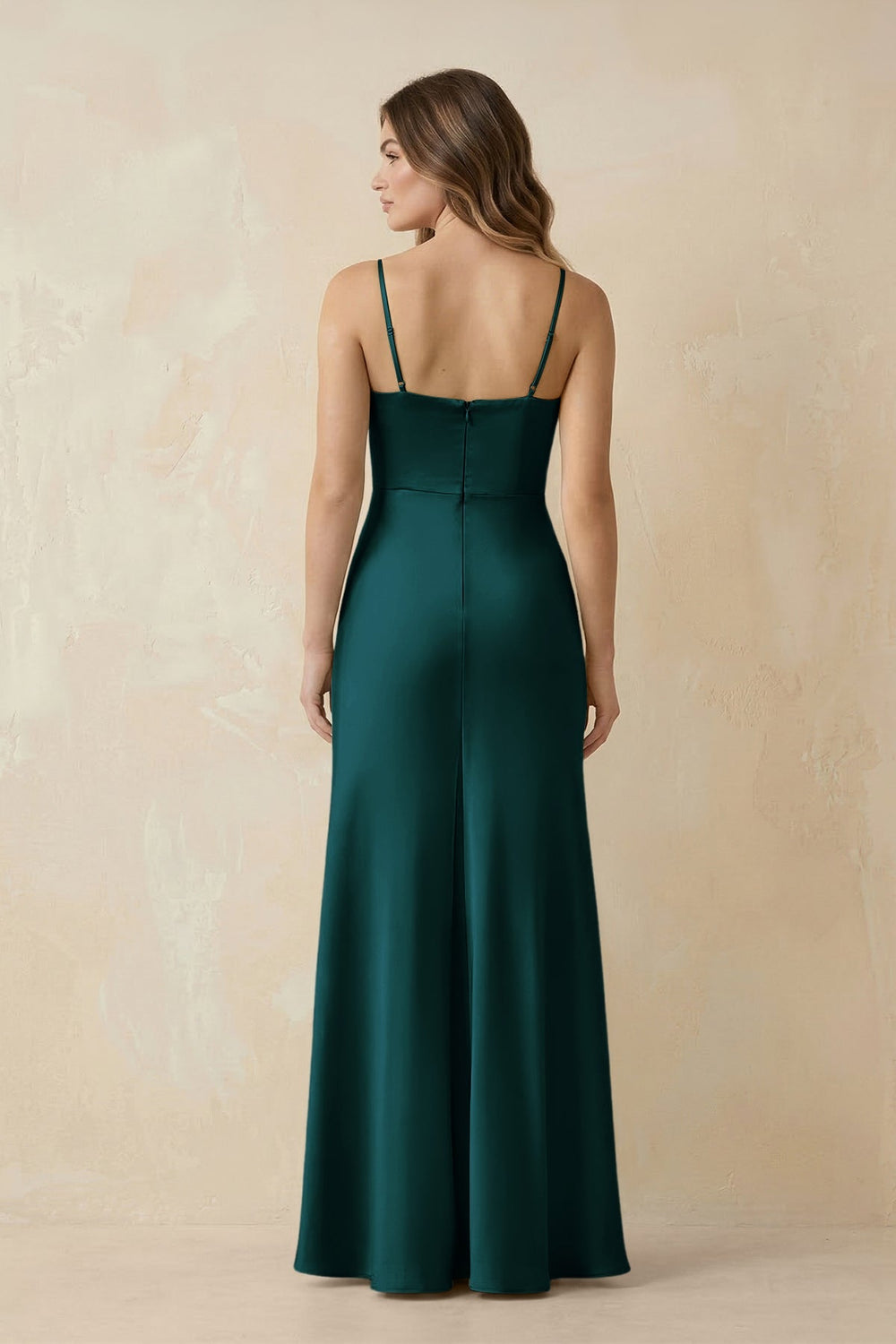 Spaghetti Strap Sheath Satin Bridesmaid Dress With Slit in Pine - KISS BRIDAL Bridesmaid Dresses