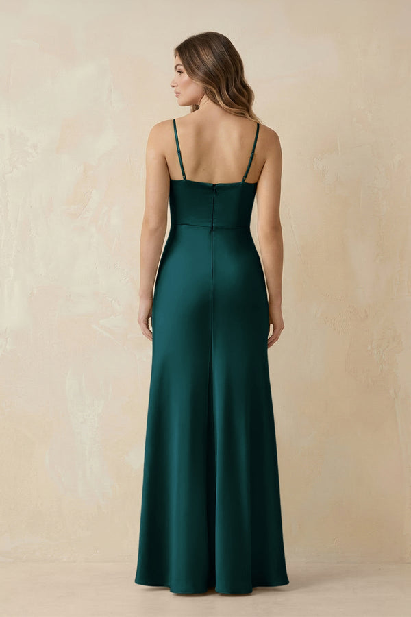 Spaghetti Strap Sheath Satin Bridesmaid Dress With Slit in Pine - KISS BRIDAL Bridesmaid Dresses