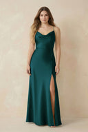 Spaghetti Strap Sheath Satin Bridesmaid Dress With Slit in Pine - KISS BRIDAL Bridesmaid Dresses