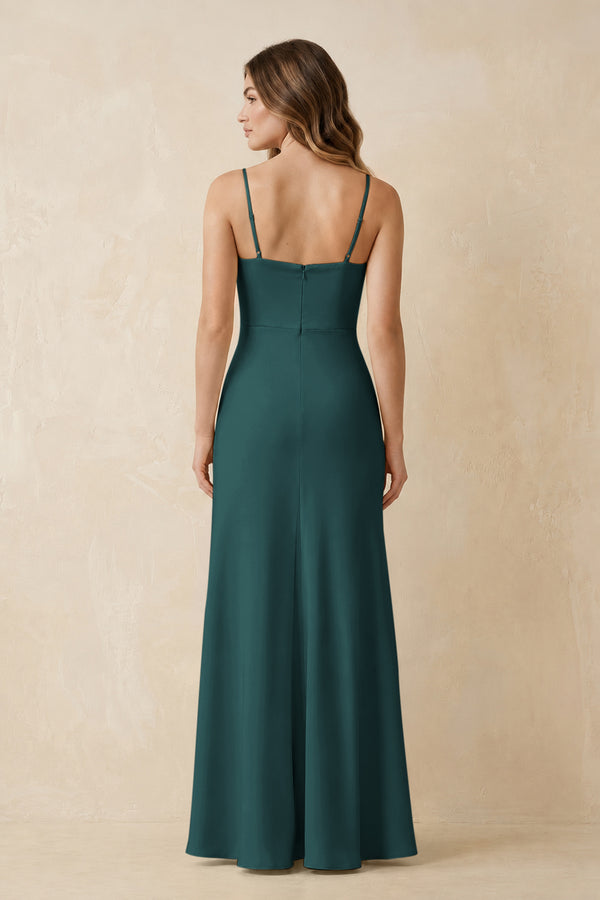 Spaghetti Strap Sheath Satin Bridesmaid Dress With Slit in Pine - KISSBRIDAL