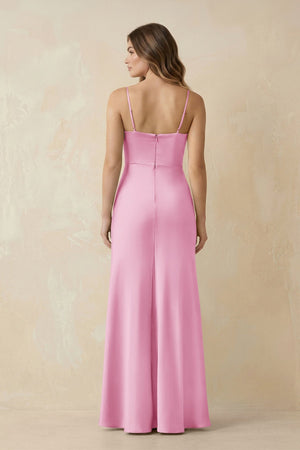 Spaghetti Strap Sheath Satin Bridesmaid Dress With Slit in Pink - KISS BRIDAL Bridesmaid Dresses
