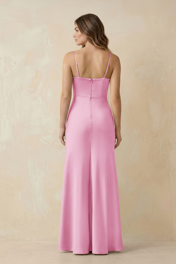 Spaghetti Strap Sheath Satin Bridesmaid Dress With Slit in Pink - KISS BRIDAL Bridesmaid Dresses