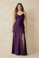 Spaghetti Strap Sheath Satin Bridesmaid Dress With Slit in Plum - KISS BRIDAL Bridesmaid Dresses