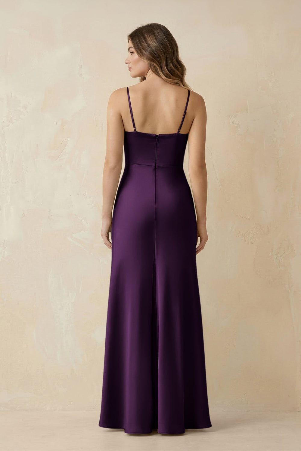 Spaghetti Strap Sheath Satin Bridesmaid Dress With Slit in Plum - KISS BRIDAL Bridesmaid Dresses