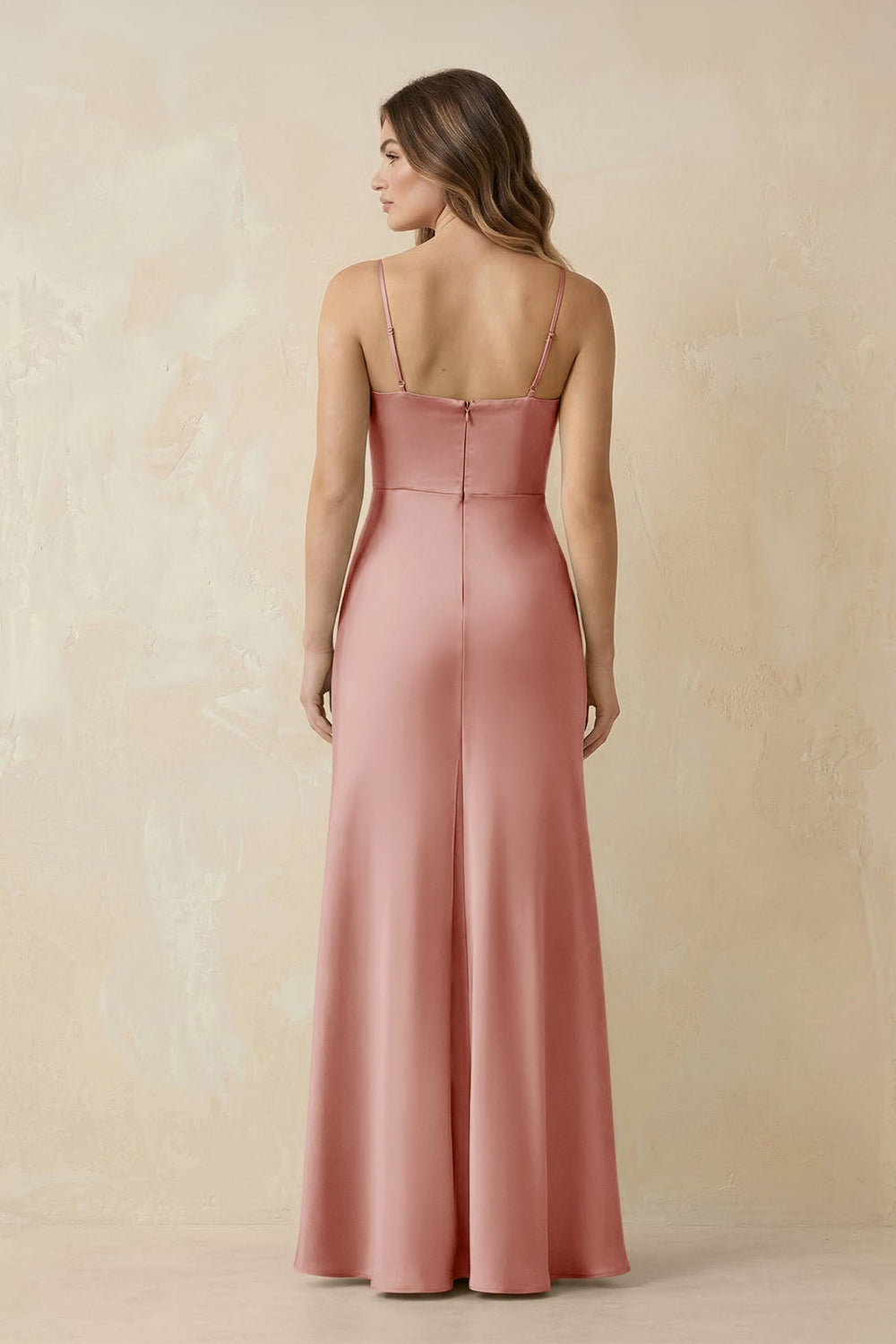Spaghetti Strap Sheath Satin Bridesmaid Dress With Slit in Rose Petal - KISS BRIDAL Bridesmaid Dresses