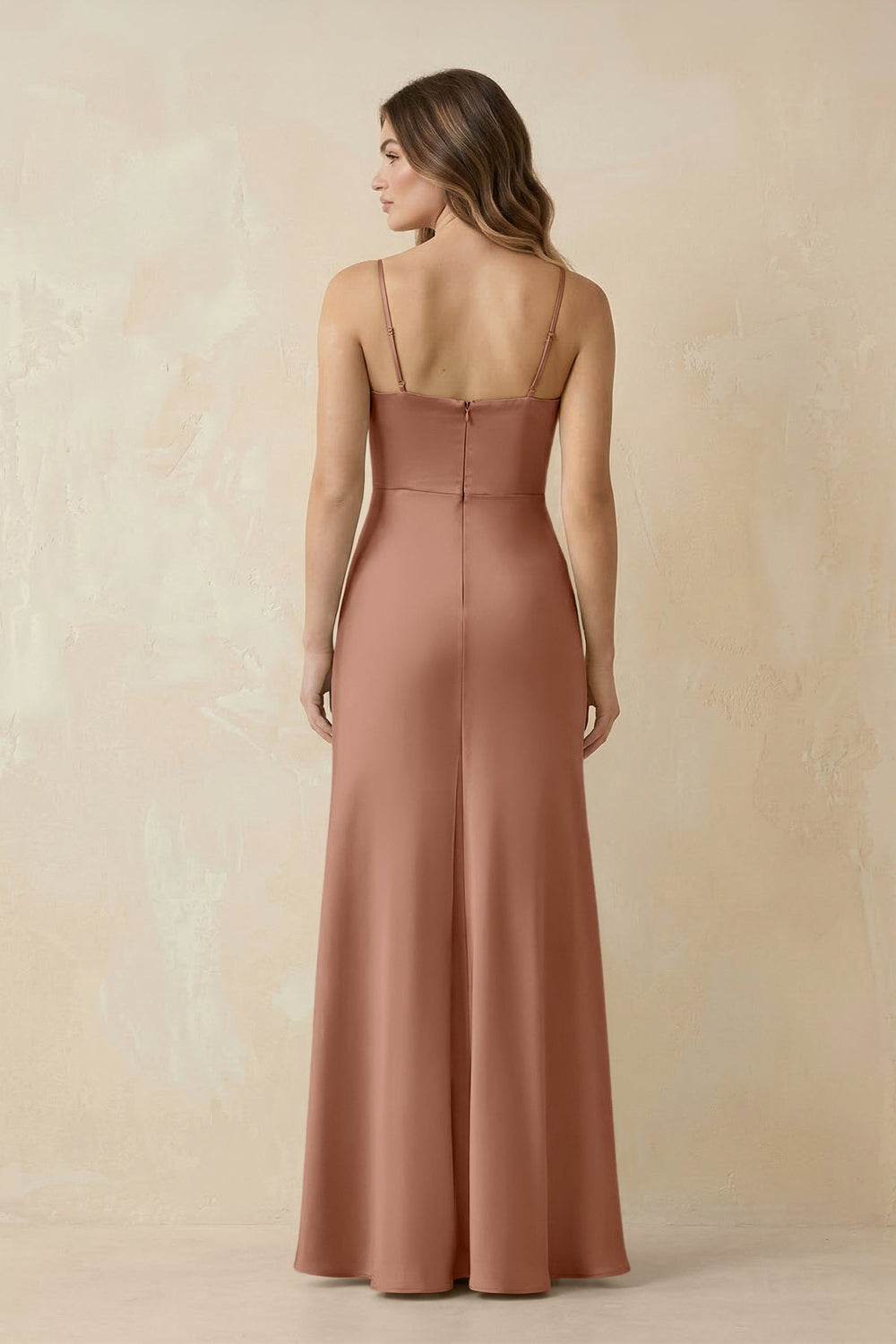 Spaghetti Strap Sheath Satin Bridesmaid Dress With Slit in Rosette - KISS BRIDAL Bridesmaid Dresses